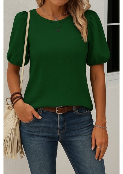 Mottisfashion Kadın Kısa Kollu Pileli Balın Kol Bürümcük Bluz