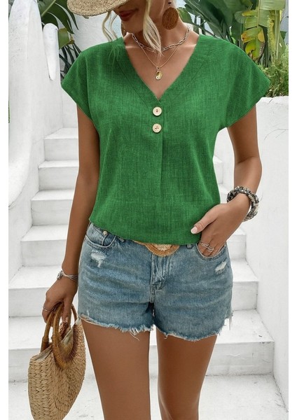 Mottisfashion Kadın Kısa Kollu V Yakalı Düğmeli Keten Bluz fırsatları