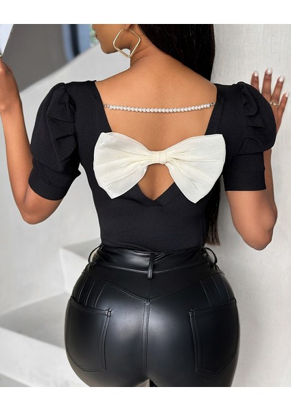 Mottisfashion Kadın Kısa Kollu Sırt Inci ve Kurdela Detay Karpuz Kol Yerli Krep Bluz. 109 Adet Standart Beden Gerisi 3 Beden fırsatları