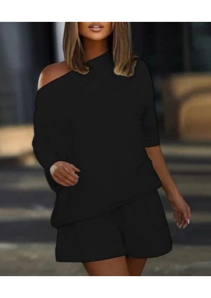 Mottisfashion Kadın Kayık Yaka Salaş Iki Iplik Bluz ve Şort Ikili Takım
