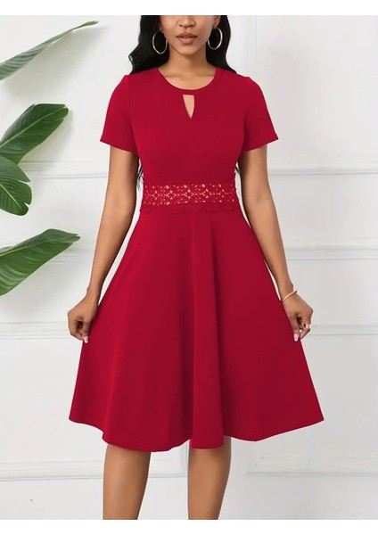 Mottisfashion Kadın Kısa Kollu Yuvarlak Yaka Damla Detaylı Janjan Elbise