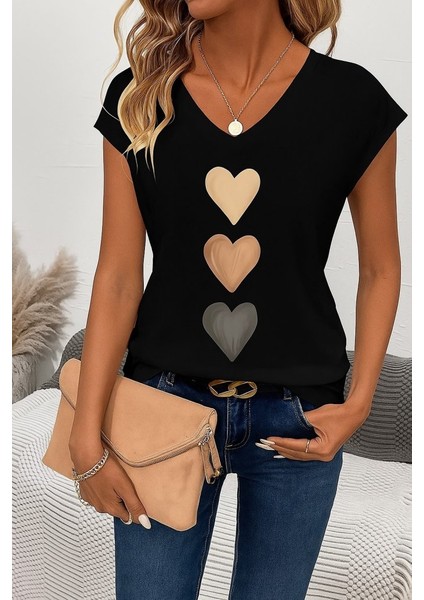 Mottisfashion Kadın Kısa Kollu V Yakalı Kalp Desen Viskon Bluz