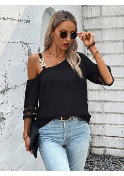 Mottisfashion Kadın Askılı Asimetrik Kesim Kol ve Yaka Kolda Tül ve Aksesuar Detaylı Janjan Krep Bluz fiyatları