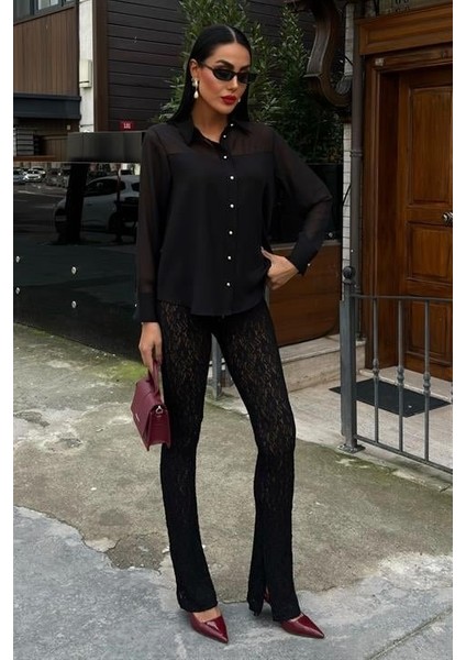 Mottisfashion Transparan Detaylı Dökümlü Gömlek 3427