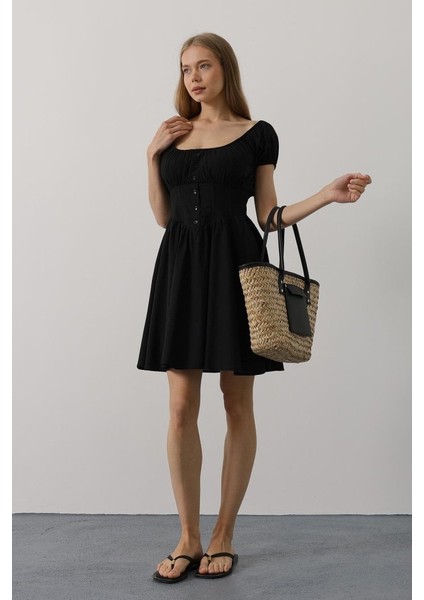 Mottisfashion Beli Korseli Mini Elbise - Siyah