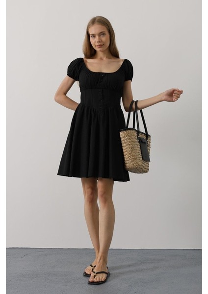 Mottisfashion Beli Korseli Mini Elbise - Siyah fiyatları