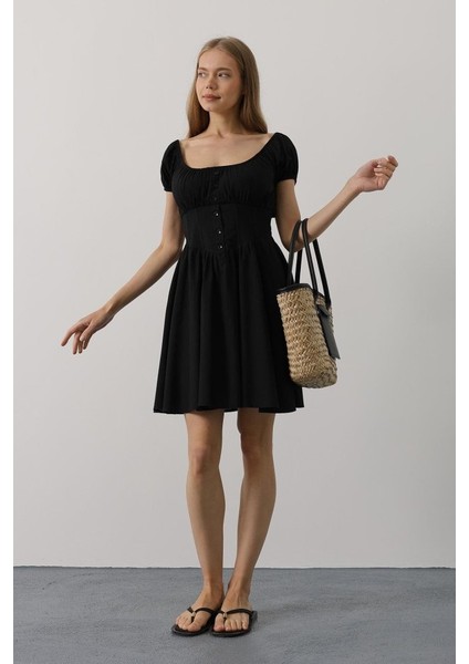 Mottisfashion Beli Korseli Mini Elbise - Siyah modelleri