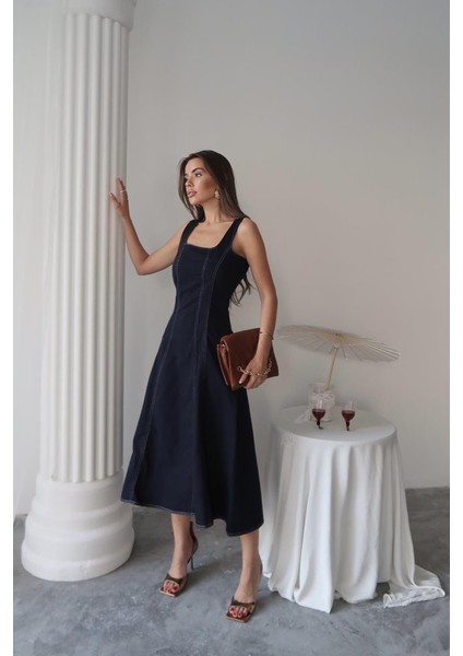 Mottisfashion Lacivert Çift Dikişli Gabardin Elbise