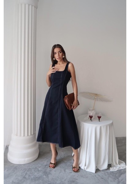 Mottisfashion Lacivert Çift Dikişli Gabardin Elbise fiyatları