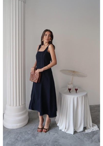 Mottisfashion Lacivert Çift Dikişli Gabardin Elbise modelleri