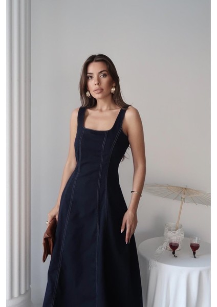 Mottisfashion Lacivert Çift Dikişli Gabardin Elbise fırsatları