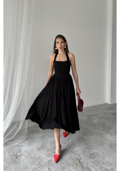 Mottisfashion Siyah Boyundan Bağlamalı Keten Elbise
