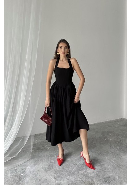 Mottisfashion Siyah Boyundan Bağlamalı Keten Elbise fiyatları