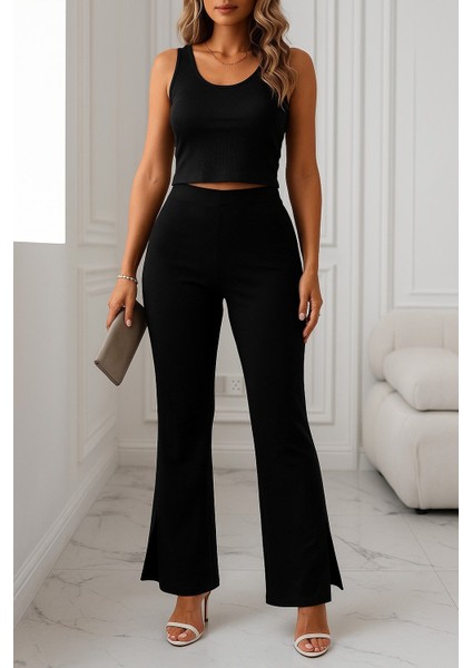 Mottisfashion Kadın Yüksek Bel Paçaya Doğru Genişleyen Yandan Yırtmaçlı Dalgıç Pantolon fiyatları