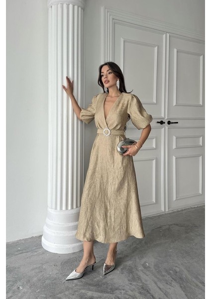 Mottisfashion Gold Işıltılı Kemerli Kruvaze Elbise