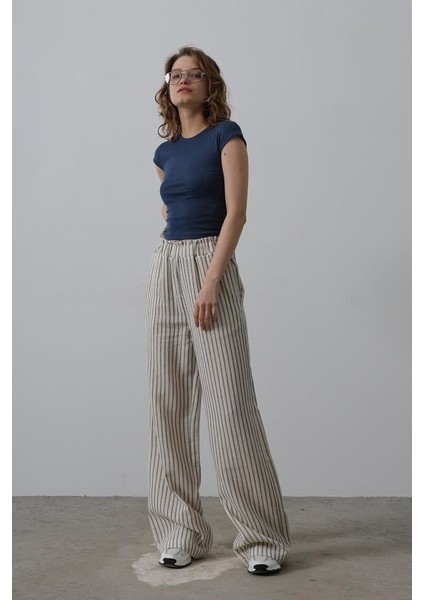 Mottisfashion Çizgili Pamuklu Lastikli Pantolon - Bej-Lacivert modelleri