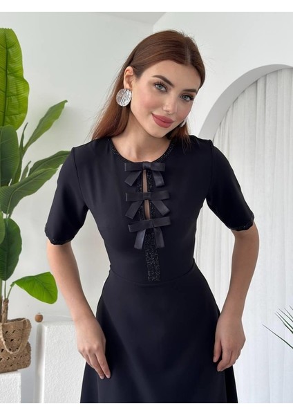 Mottisfashion Wera Taşlı Fiyonk Detaylı Elbise