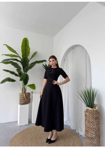 Mottisfashion Wera Taşlı Fiyonk Detaylı Elbise