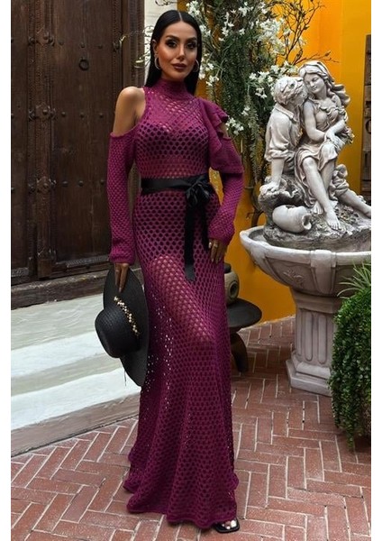 Mottisfashion Saten Kuşaklı Ajurlu Triko Elbise 2847