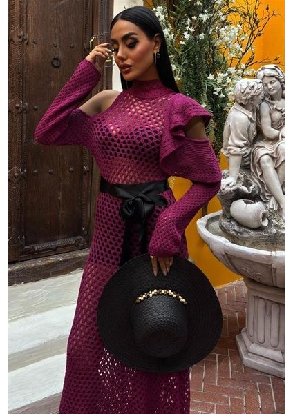 Mottisfashion Saten Kuşaklı Ajurlu Triko Elbise 2847 fiyatları