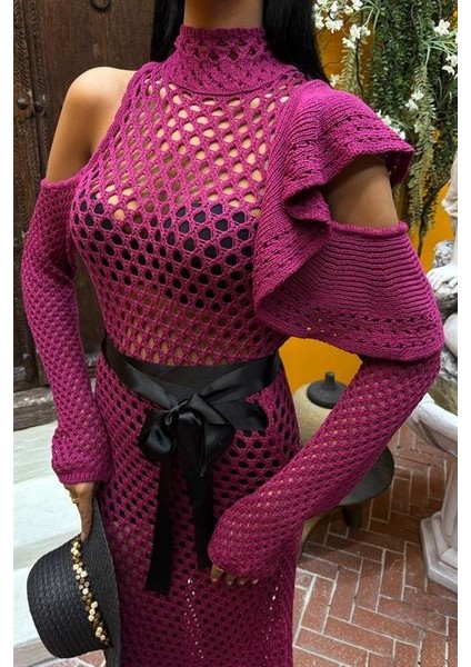 Mottisfashion Saten Kuşaklı Ajurlu Triko Elbise 2847 modelleri