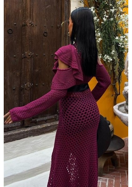 Mottisfashion Saten Kuşaklı Ajurlu Triko Elbise 2847