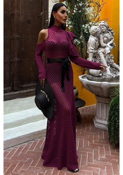 Mottisfashion Saten Kuşaklı Ajurlu Triko Elbise 2847