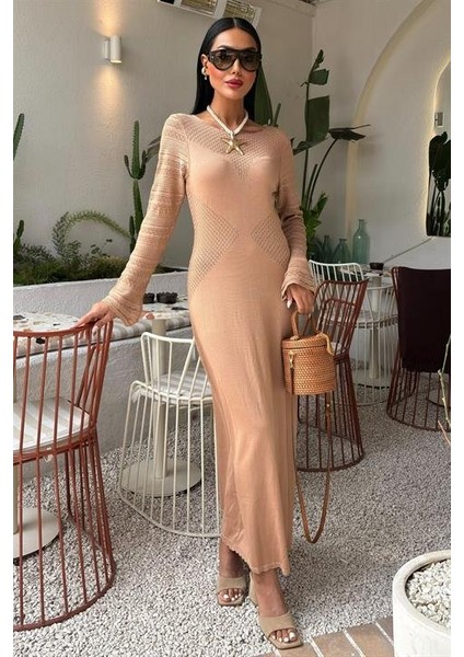 Mottisfashion Ajur Detaylı Bisiklet Yaka Triko Elbise 2861