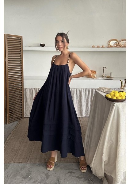Mottisfashion Lacivert Askılı Müslin Elbise modelleri