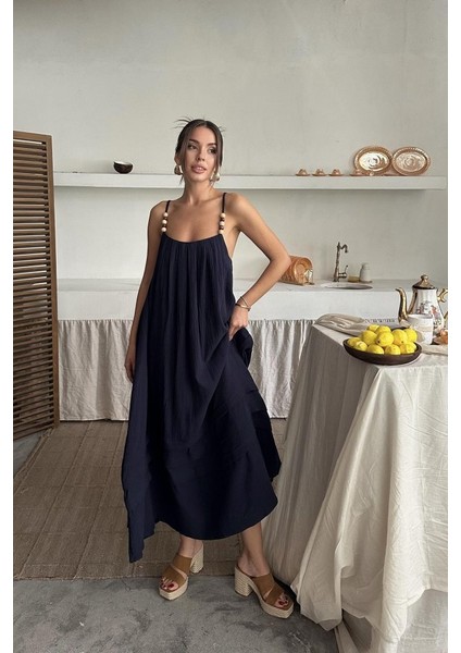 Mottisfashion Lacivert Askılı Müslin Elbise fırsatları