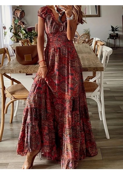 Mottisfashion Kadın Kısa Kollu Kruvaze Yakalı Desenli Maksi Boy Süprem Elbise