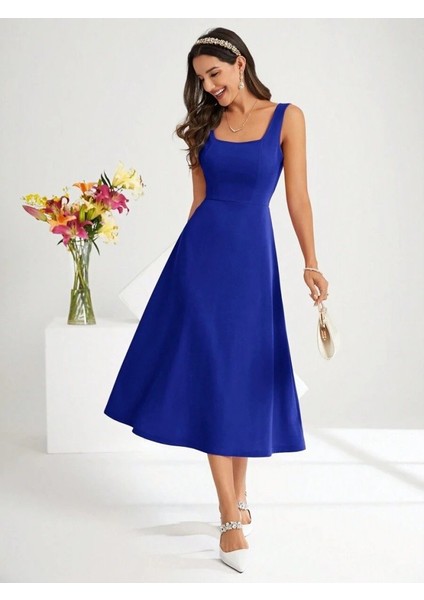 Mottisfashion Kadın Askılı Kare Yakalı Midi Ithal Krep Elbise