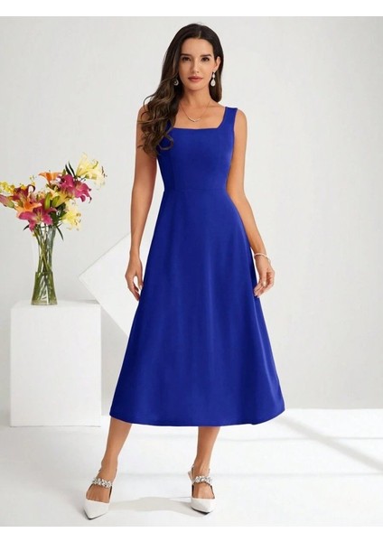 Mottisfashion Kadın Askılı Kare Yakalı Midi Ithal Krep Elbise modelleri
