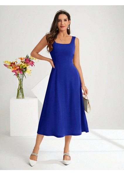 Mottisfashion Kadın Askılı Kare Yakalı Midi Ithal Krep Elbise indirimleri
