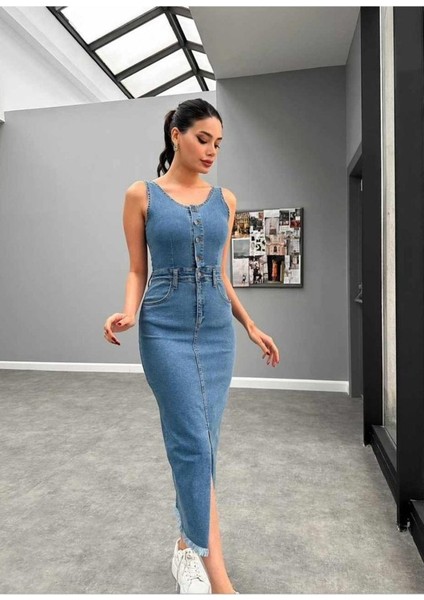 Mottisfashion Mavi Likralı Kot Jile Elbise