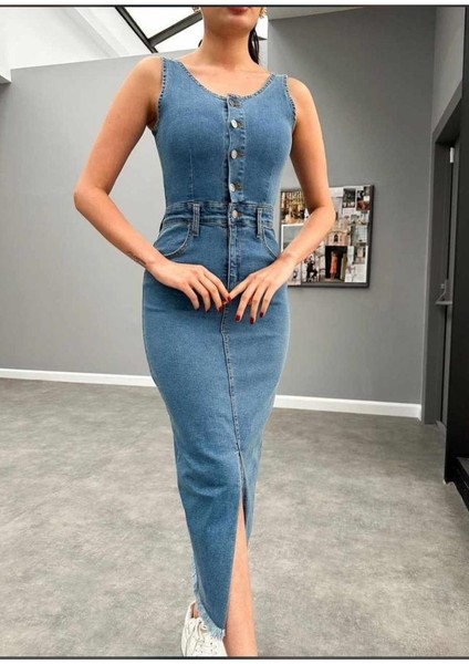 Mottisfashion Mavi Likralı Kot Jile Elbise fiyatları