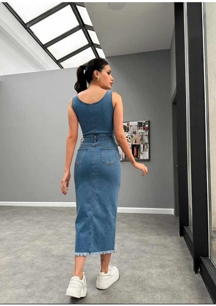 Mottisfashion Mavi Likralı Kot Jile Elbise modelleri