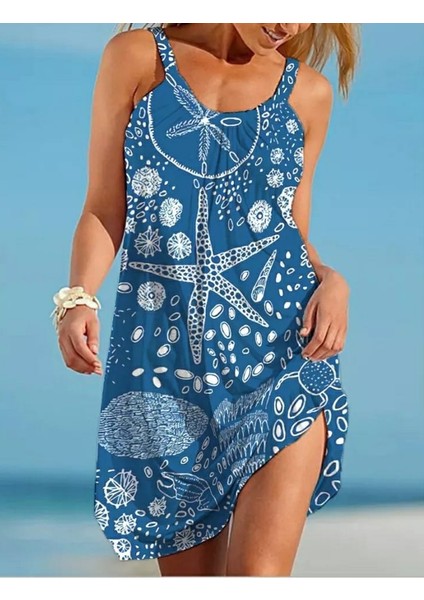 Mottisfashion Kadın Askılı Deniz Yıldızı Desenli Süprem Elbise