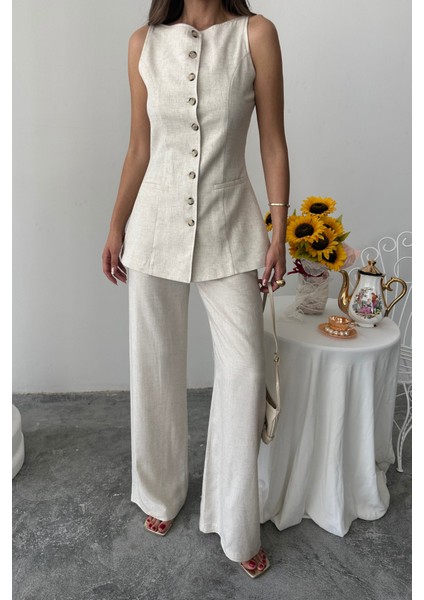 Mottisfashion Keten Yelek - Pantolon Takım - Taş modelleri