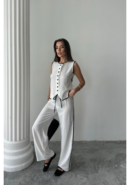 Mottisfashion Keten Kenarları Biyeli Yelek - Pantolon Takım - Beyaz