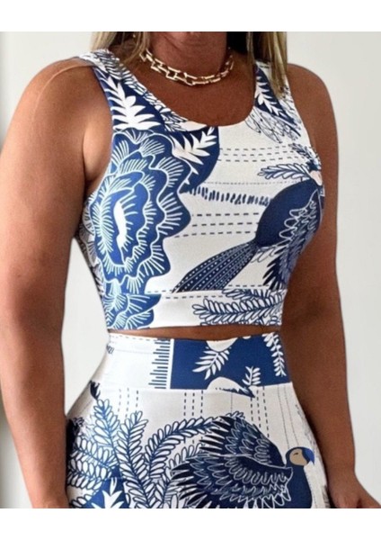 Mottisfashion Kadın Sıfır Kollu Yuvarlak Yaka Çiçekli Desenli Süprem Crop ve Yırtmaçlı Etek Ikili Takım fiyatları