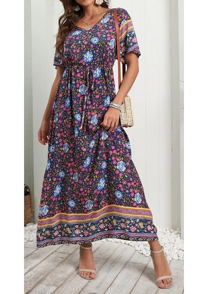Mottisfashion Kadın Kısa Kollu Beli Lastikli Çiçek Desen Tam Boy Elbise