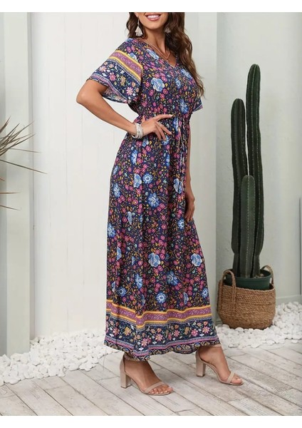 Mottisfashion Kadın Kısa Kollu Beli Lastikli Çiçek Desen Tam Boy Elbise fırsatları