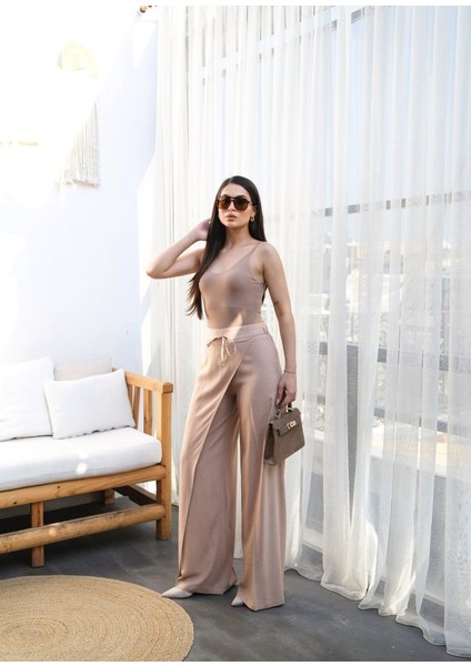 Mottisfashion Keten Önü Çapraz Parçali Lasti̇kli̇ ve Bağcikli Geni̇ş Paça Pantolon