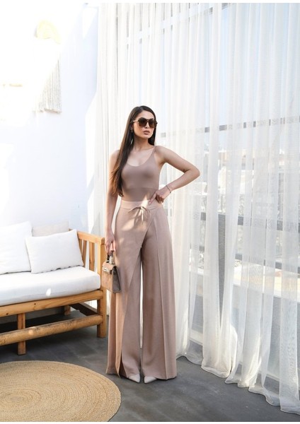 Mottisfashion Keten Önü Çapraz Parçali Lasti̇kli̇ ve Bağcikli Geni̇ş Paça Pantolon fırsatları