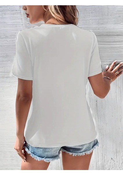 Mottisfashion Kadın Kısa Kollu V Yaka Şerit Detay Viskon Bluz fiyatları