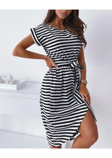 Mottisfashion Kadın Kuşaklı Turlu Viskon Kumaş Elbise