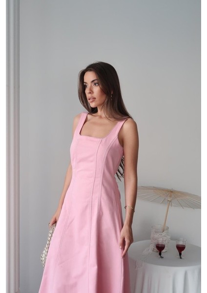 Mottisfashion Pembe Çift Dikişli Gabardin Elbise fırsatları