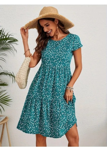 Mottisfashion Kadın Kısa Kollu Bisiklet Yaka Çiçek Desenli Süprem Elbise fırsatları