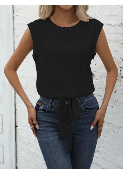 Mottisfashion Kadın Sıfır Kol Etek Ucu Bağlama Detay Ithal Krep Bluz